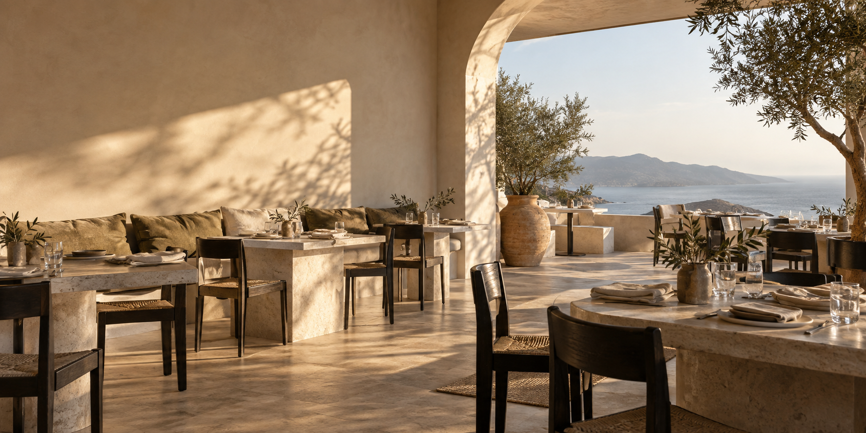 Bright Mediterranean restaurant overlooking the sea